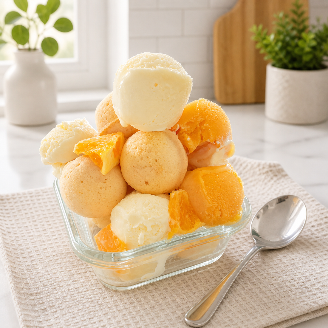Orange pancake ball dessert topped with mango sorbet, vanilla ice cream, and fresh orange slices made with Orange Sunrise Pantastic Pancake Mix