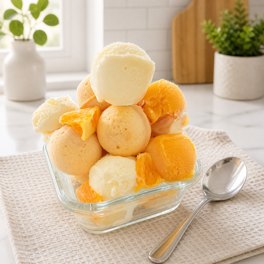 Orange pancake ball dessert topped with mango sorbet, vanilla ice cream, and fresh orange slices made with Orange Sunrise Pantastic Pancake Mix