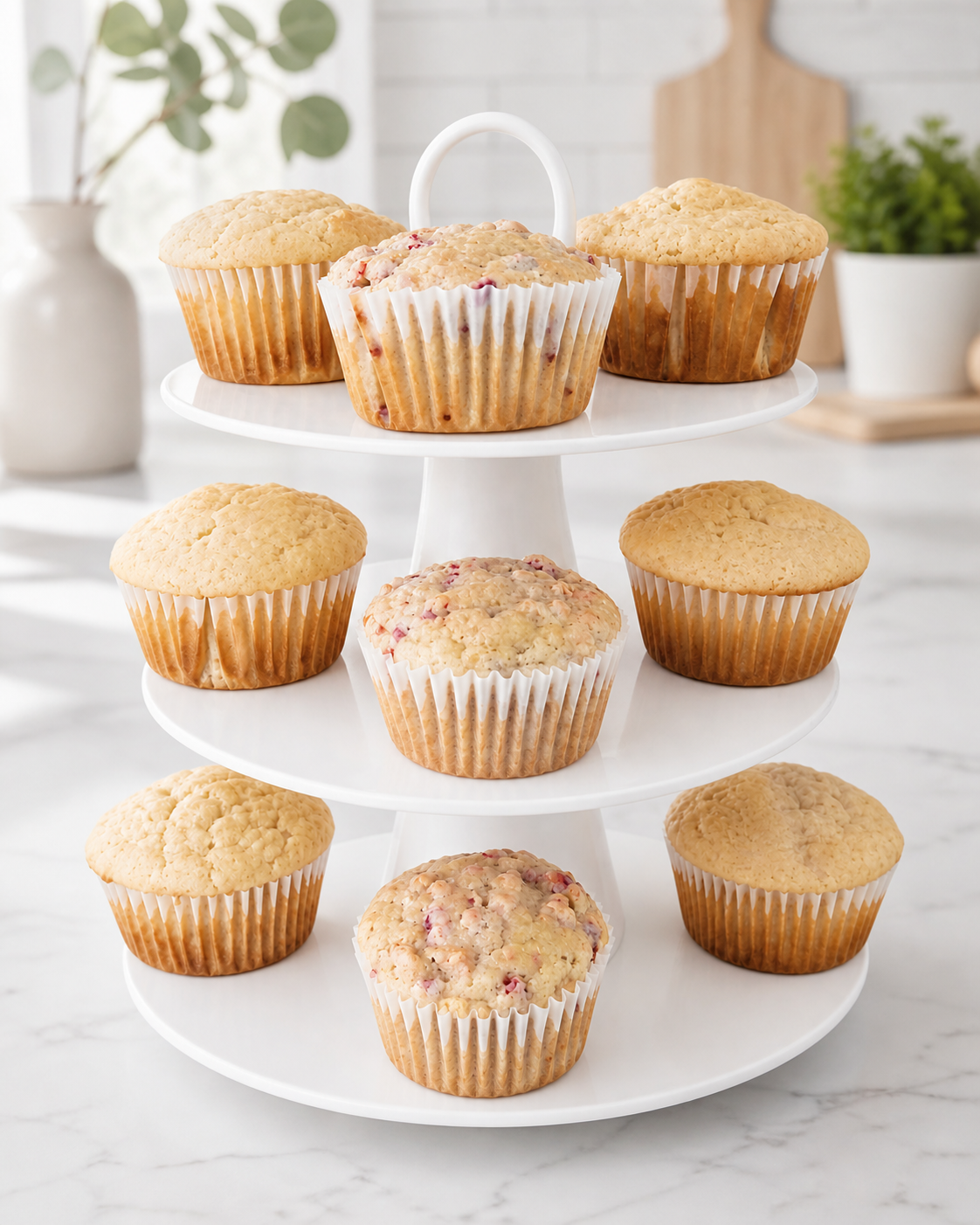 Tower of assorted real fruit muffins made with Holly’s Pantastic Pancake Mixes from Holly’s Pantastic Products featuring vegan-friendly simple ingredients