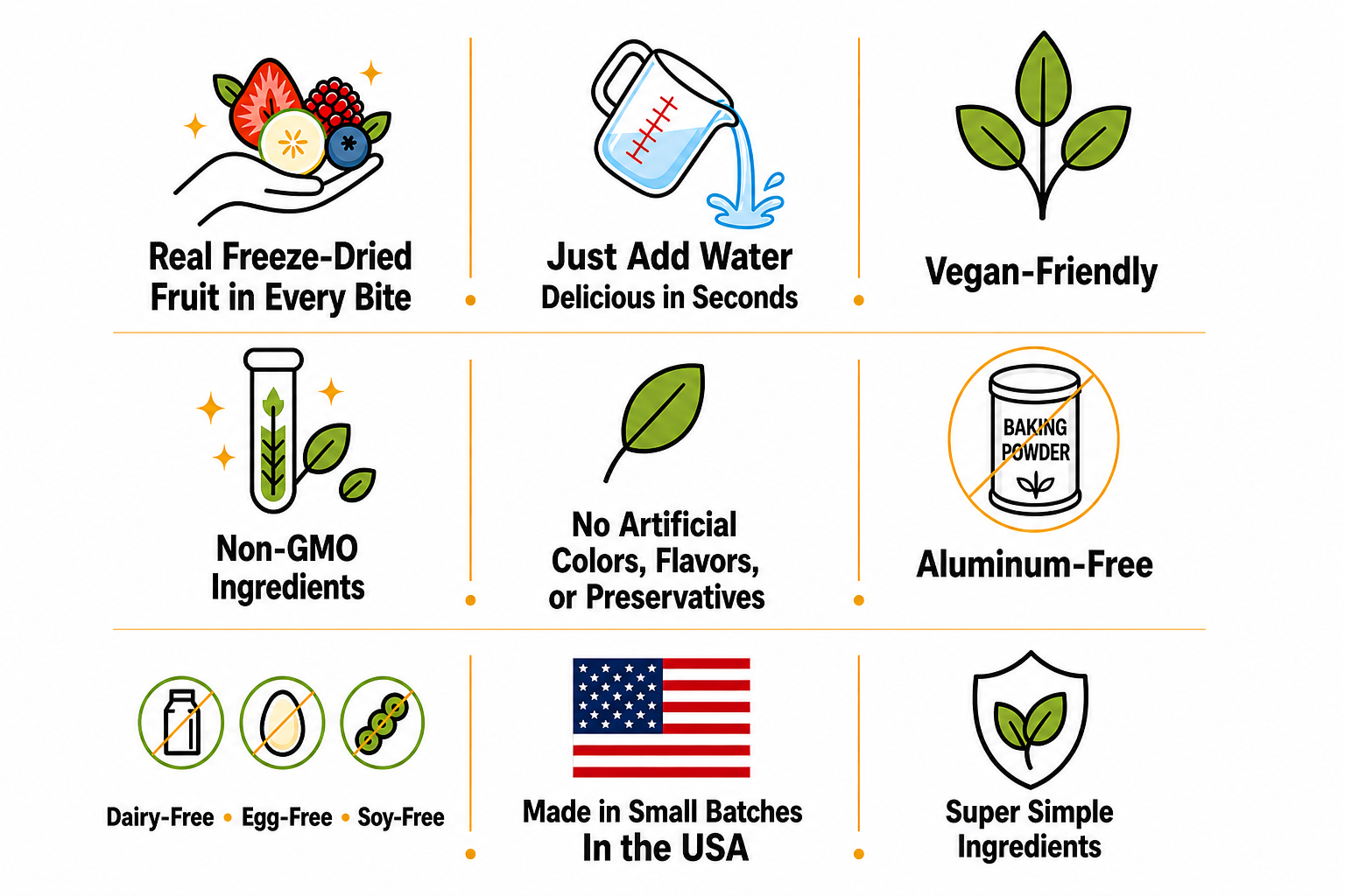 Holly’s Pantastic Pancake Mix icon banner highlighting real freeze-dried fruit just-add-water vegan-friendly non-GMO aluminum-free dairy-free egg-free soy-free pancake mixes made in small batches in the USA with super simple ingredients and no artificial colors flavors or preservatives