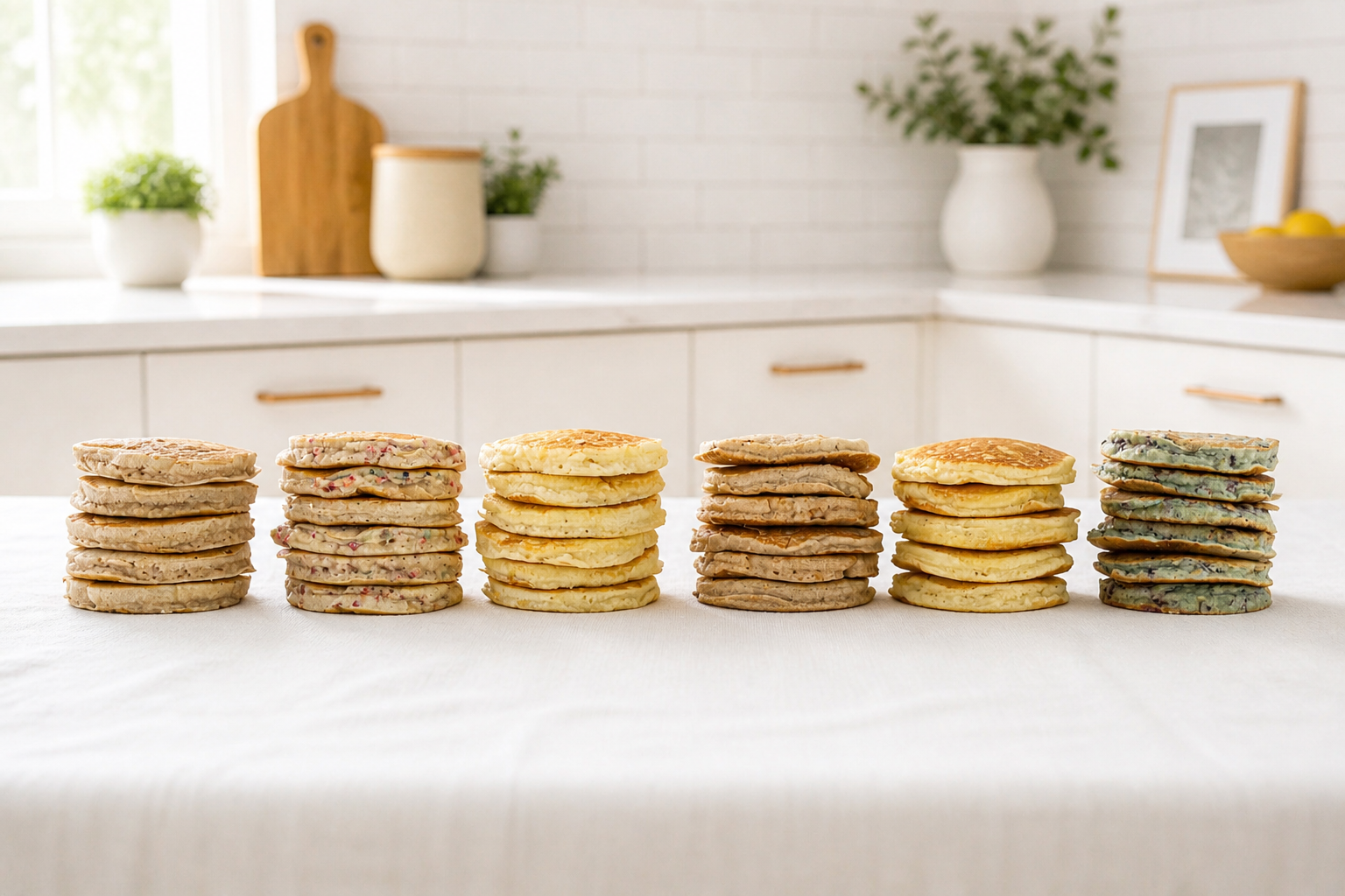 Stack of vegan-friendly real fruit Pantastic Pancake varieties made with Pantastic Pancake Mixes from Holly’s Pantastic Products featuring just-add-water non-GMO aluminum-free dairy-free egg-free soy-free pancake mixes with simple ingredients