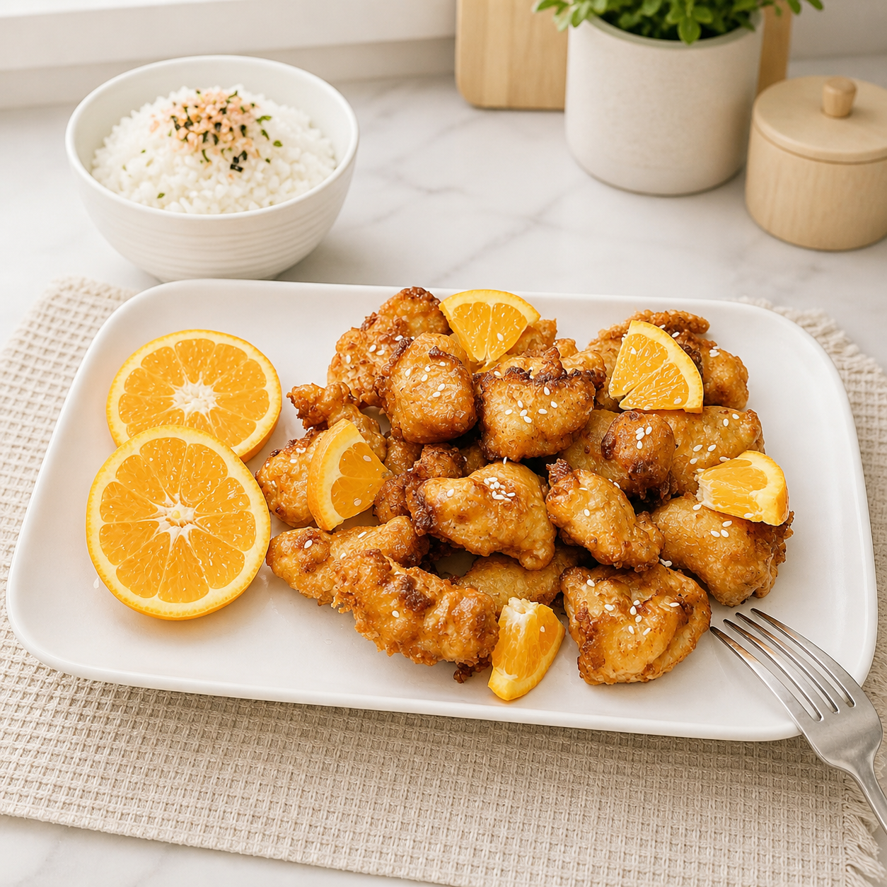 Crispy orange chicken made with Holly’s Orange Sunrise Pantastic Pancake Mix from Holly’s Pantastic Products as an easy real fruit deep frying batter