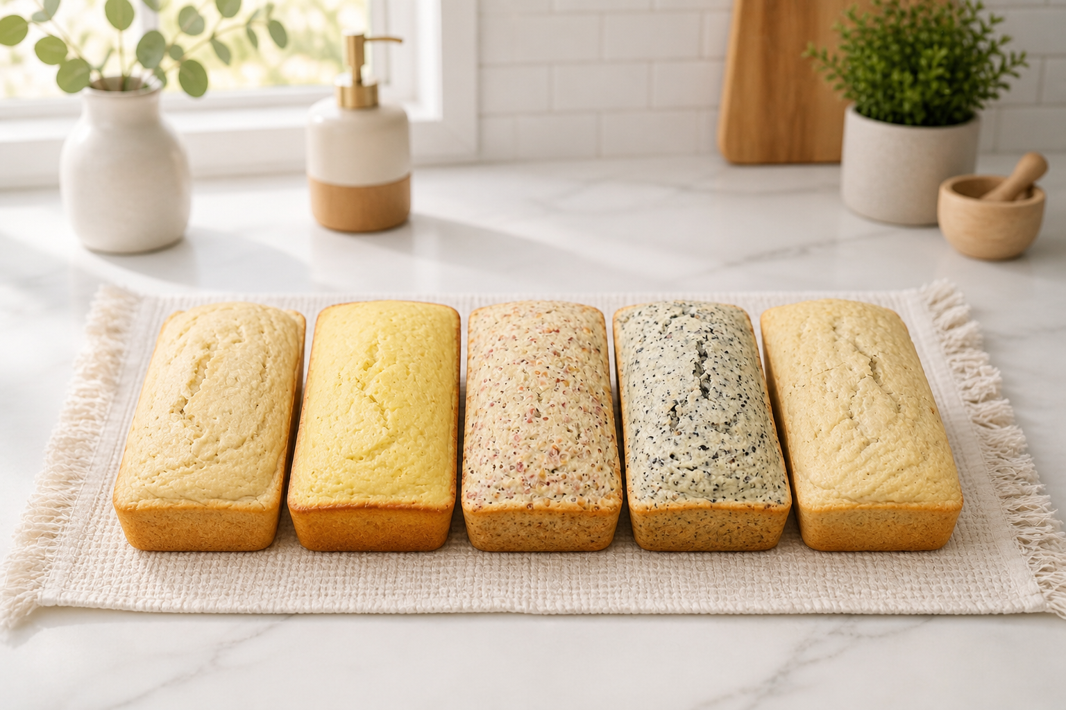 Assorted real fruit pound cakes in mango orange strawberry blueberry and banana flavors made with Holly’s Pantastic Pancake Mixes from Holly’s Pantastic Products featuring vegan-friendly simple ingredients